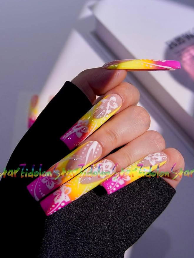 HAND-PAINTED White Press Ons Neon Small Press on Nails Long French Press on Nails Coffin Medium Short Nail art Fake Nail Art Kit with 7g Glue on Nails Handmade Almond Square Nails (TJ55, Custom)