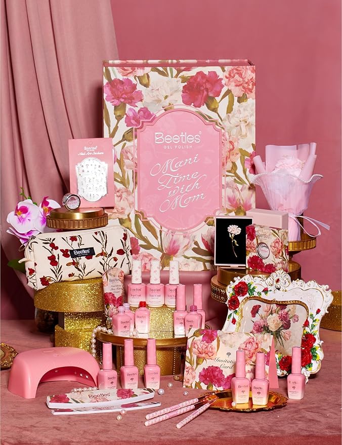 Beetles Mani Time with Mom Mother’s Day Gift Box, 12 Gel Nail Polish Colors with Nail Lamp, HEMA Free & TPO Free Complete Manicure Kit, Shea Butter Hand Cream, Premium Keepsake Gift Box for Mom