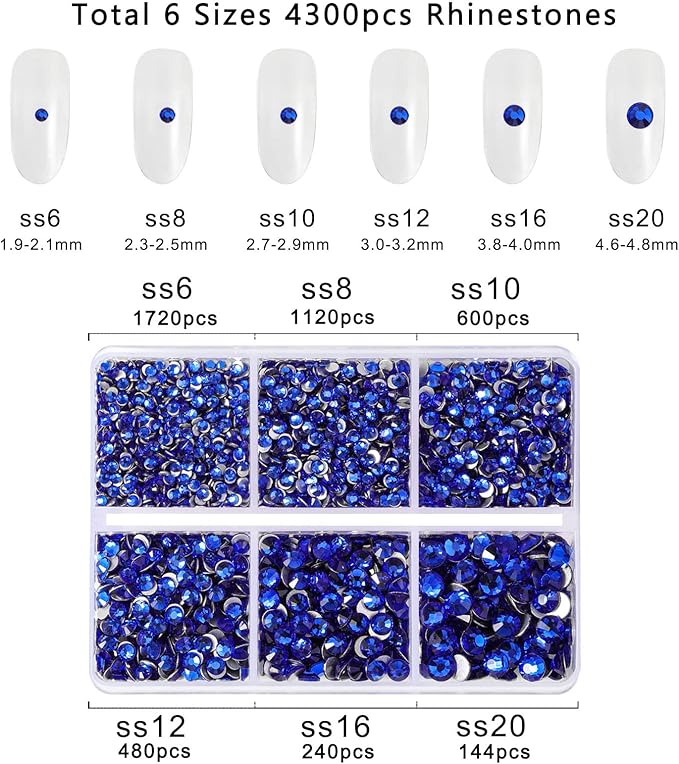 Beadsland 4300pcs Flatback Rhinestones,Royal Blue Rhinestone Nail Gems Round Crystal Rhinestones for Crafts,Mixed 6 Sizes with Picking Tweezers and Wax Pencil Kit, SS6-SS20,Sapphire