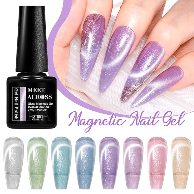 MEET ACROSS Jelly Glitter Cat Eye Gel Nail Polish Set 12PCS, Glass Fairyland Magnetic Nail Polish Translucent Pink Blue Green Purple Shimmer Sheer Gel Polish with Magnet Nail DIY Art Salon