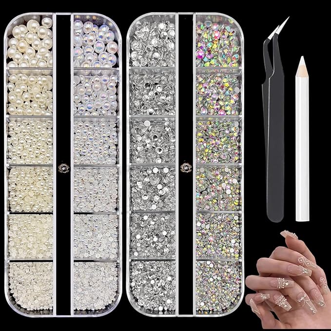 Nail Charms Jewels Manicure Kit with Pickup Pencil and Tweezers, Flatback Rhinestones and Flatback Pearls Nail Gems for Nail Art Face Makeup and Manicure Decor