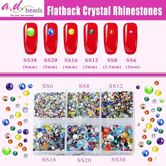 AD Beads 4300 Pieces Flat Back Nail Art Rhinestones Round Beads 6 Sizes (2-6.5mm) with Storage Organizer Box,Rhinestones Picking Pen for Nail Art Phone Decorations Crafts DIY (Mixed Color)