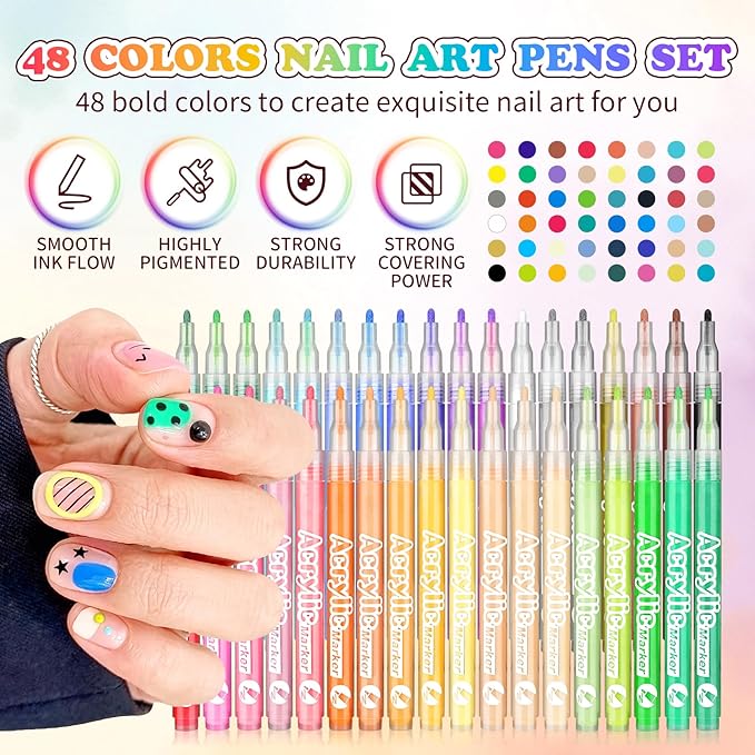 48 Colors Nail Art Pen Set,3D Acrylic Nails Art Markers Pens,Quick Dry Nail Doodle Pens for Home & Salon DIY Nail Art （1.0 mm Pen Nib）