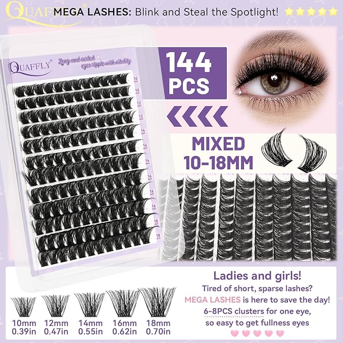 DIY Lash Extension Kit Cluster Lashes Kit with 576Pcs Lash Clusters Lash Bond and Seal Remover Eyelash Applicator Beginner DIY Lashes Kit Easy to Use(4 styles-10-18mm)