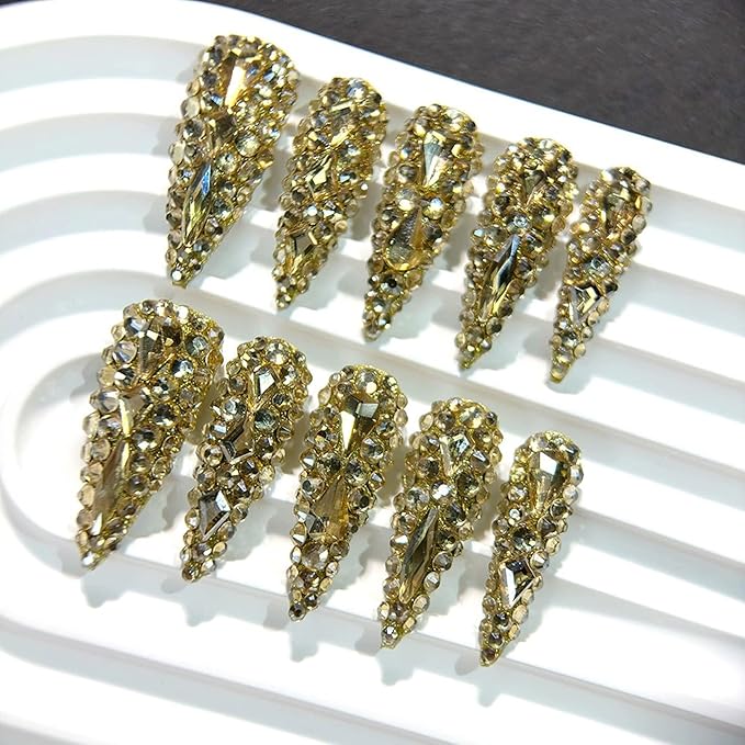 Almond Press on Nails Long Gold Rhinestones Handmade Fake Nails Luxury Full Cover False Nails with 3D Designs Acrylic Nails Press Ons Sparkly Reusable Glue on Nail for Women 10Pcs(Size M)