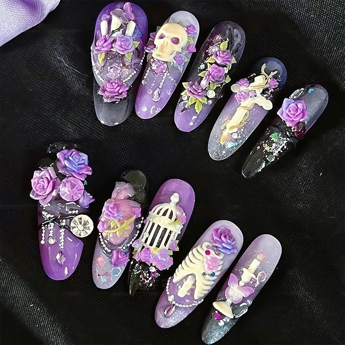 Gothic Nail Art Molds Kit - 3D Skull Rose Butterfly Designs DIY Manual Manicure Decoration Halloween Individual Nail Molds