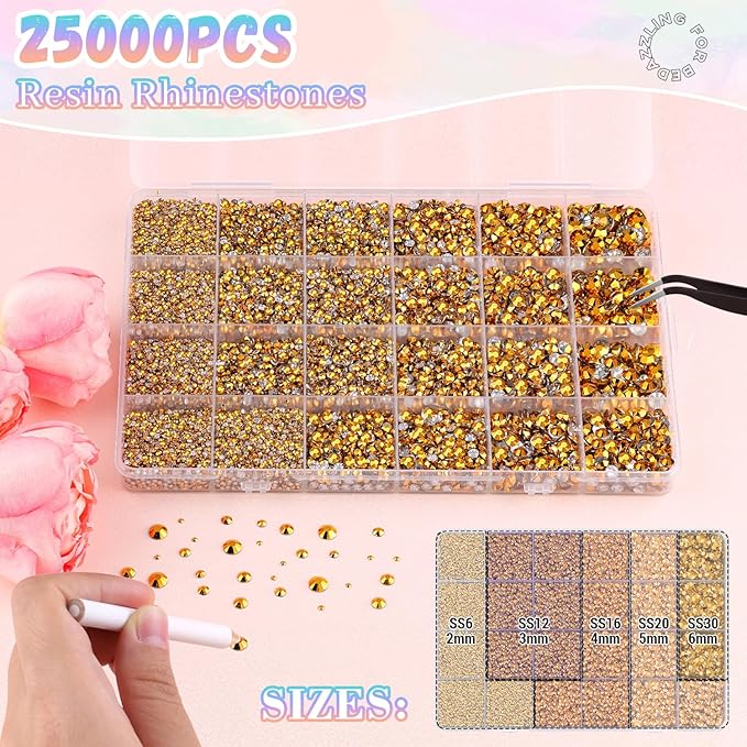 25000Pcs Mine Gold Rhinestones for Bedazzling with B7000 Jewelry Glue, Non Hotfix Flatback Gems, Crystal Resin Rhinestones for Crafting Crafts Clothing Tumblers Mugs Shoes Fabric Decor Nail Art