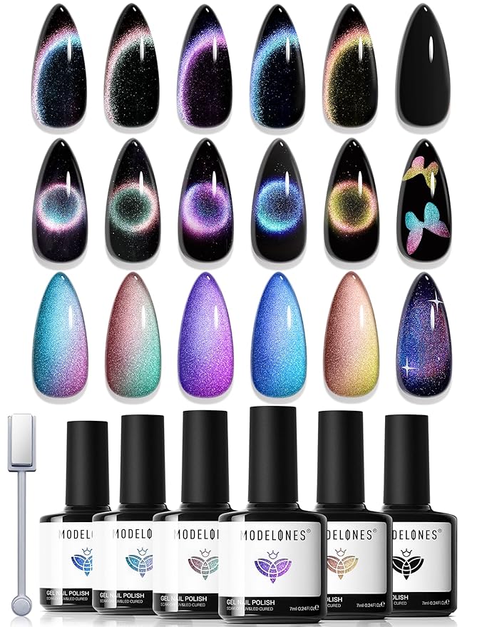 modelones Gel Nail Polish Set, 6 Colors Holographic Colorful Rainbow Glitter Cat Eye Gel Polish Black Purple Blue Green Yellow Coral Pink Nail Polish with Magne Soak Off LED Manicure DIY Gift