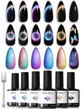 modelones Gel Nail Polish Set, 6 Colors Holographic Colorful Rainbow Glitter Cat Eye Gel Polish Black Purple Blue Green Yellow Coral Pink Nail Polish with Magne Soak Off LED Manicure DIY Gift