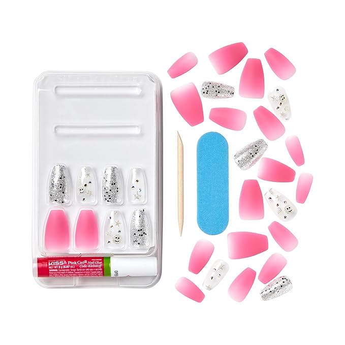 KISS Gel Fantasy Press On Nails, Nail glue included, 'Fun & Jelly', Pink, Medium Size, Coffin Shape, Includes 28 Nails, 2g glue, 1 Manicure Stick, 1 Mini File