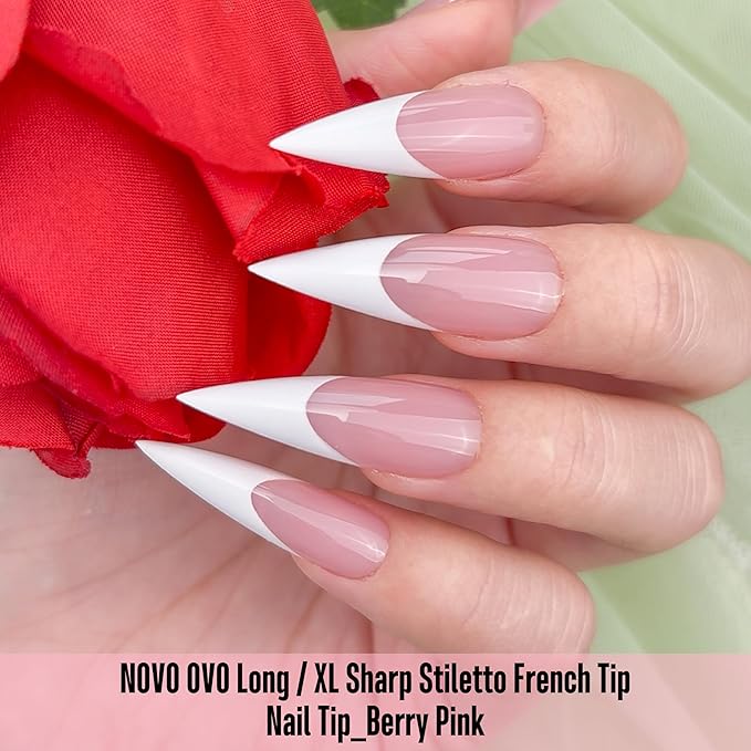 NOVO OVO White French Tip Long XL Sharp Stiletto Nail Tips Press on BERRY PINK, Soft Gel Double Matte Fake Nail Extension, Full Cover False Nails for Acrylic DIY x 16 Sizes 160 pcs