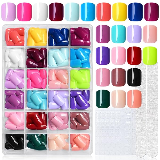 LoveOurHome 576pc Christmas Press on Nails Short Fake Nails Acrylic Nail Press ons Nails Square Short Presson Nail Square False Nail Artificial Fingernail & Glue Adhesive Tabs for Women Girls Kids