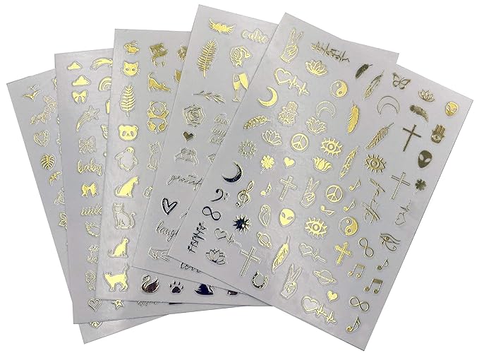 Impressed Authentic 5 Sheets Gold Luxury Nail Art Stickers 500+ Metallic Nail Decals for Fake Acrylic Nail Design Decor Charms for Women (Classy)