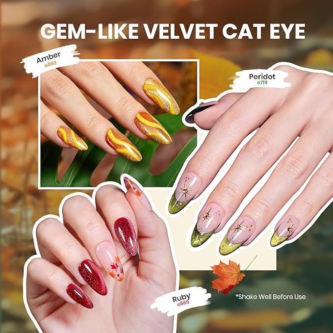 Beetles Cat Eye Gel Nail Polish Set, 6 Colors Red Burgundy Gel Olive Green Cat Eye and Pearl Nail Polish with Magnet Soak Off LED Nail Art Kit DIY Salon at Home Gifts for Women