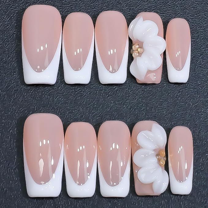 Luxury Press on Nails Medium Square Handmade 3D Unique Reusable ABS Material Fake Nails White French Tip False Nails with Designs Floral Rhinestones Elegant Glossy Glue on Nail Thick Acrylic Nail(M)
