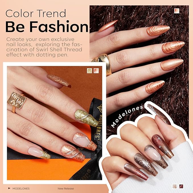 modelones Fall Gel Nail Polish Set, 6 Colors Glitter Brown Orange Red Yellow Nail Drawing Swirl Shell Thread Effect Gel Polish Kit Soak Off Led Nail Gel Polish DIY Mani Gift