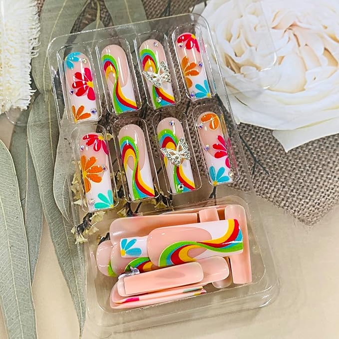 Press on Nails Coffin Long Length Acrylic Glossy Full Cover Square Shaped French False Nails with Designs Artificial Extra Long Fake Nails with Charms Glue ons Fingernails for Women(XXS289)