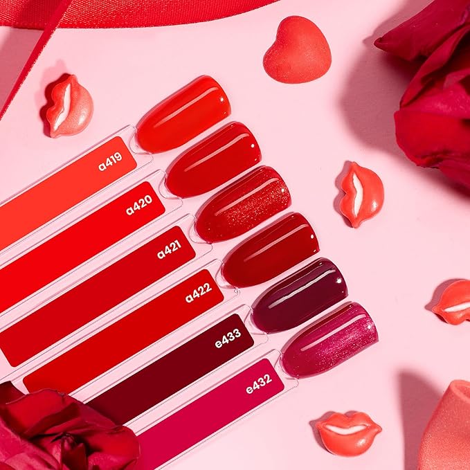 Beetles Red Gel Nail Polish Set-15ML 6 Colors Shimmer Bloody Red Burgundy Gel Polish Kit Soak Off UV Full Size Nail Art Salon Design DIY Gift for Women Colorful Bottle