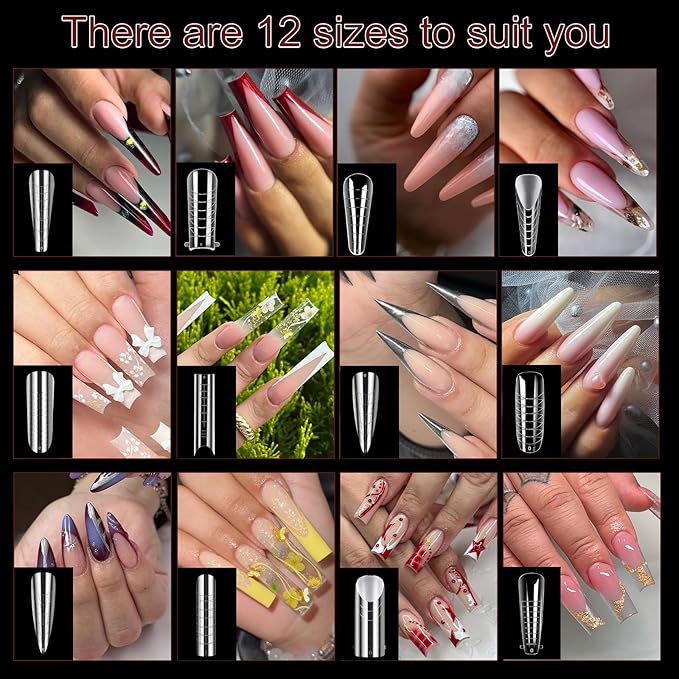 288PCS Nail Forms & Molds for French Nails, Acrylic Nail Tips, 96PCS Duet System Dual Forms Sticker Silicone Reusable Pads, 4 Styles 12 Sizes Scale for Manicure Extension