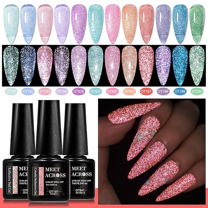 MEET ACROSS Reflective Glitter Gel Nail Polish, Shimmery Gel Polish Set 12 Pcs Sparkly Shiny Gel Soak Off UV LED Nail Art Varnish Manicure Kit DIY at Home