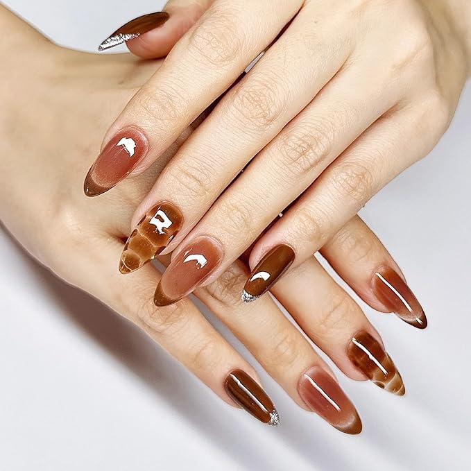 Press On Nails Medium Almond Brown Cafe with Silver Glitter French Tip & More| Reusable Soft Gel Nails in 15 Sizes -30 Nail Kit with Glue | Designed in L.A, Handmade in Vietnam | Espresso Chic