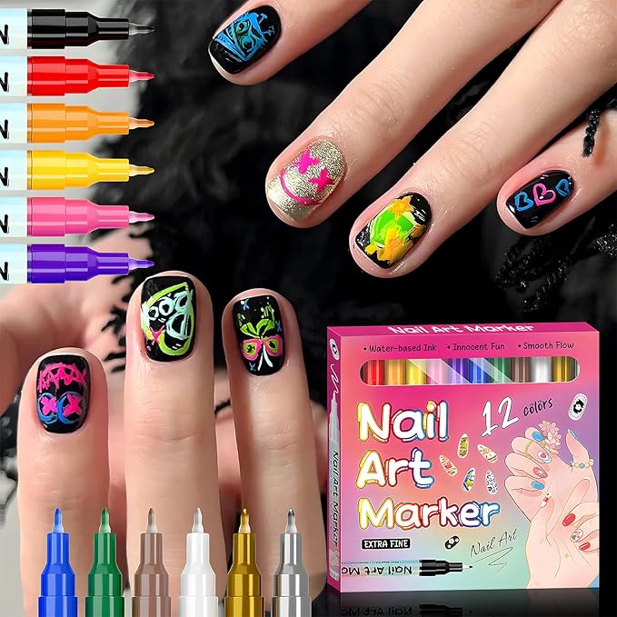 12 Colors Fine Tip Nail Art Pens, 0.6mm Nail Marker Pens for 3D Nail Drawing, Dotting, Graffiti & Painting — Quick Dry Nail Art Liner Pens for Home & Salon