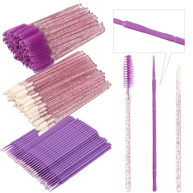 300 Pack Disposable Spoolies Brushes Sets Mascara Wand Lip Brushes Bamboo pole-shaped Handle Cotton Swab for Eyebrow Eyelash Extension Tattoo Lipstick Applicator(Purple)