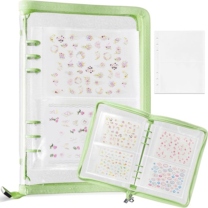 Nail Sticker Book Nail Art Organizer Display 40 Slots Sticker Storage Organizer Binder Empty Stickers Holder DIY Design Tools (green)