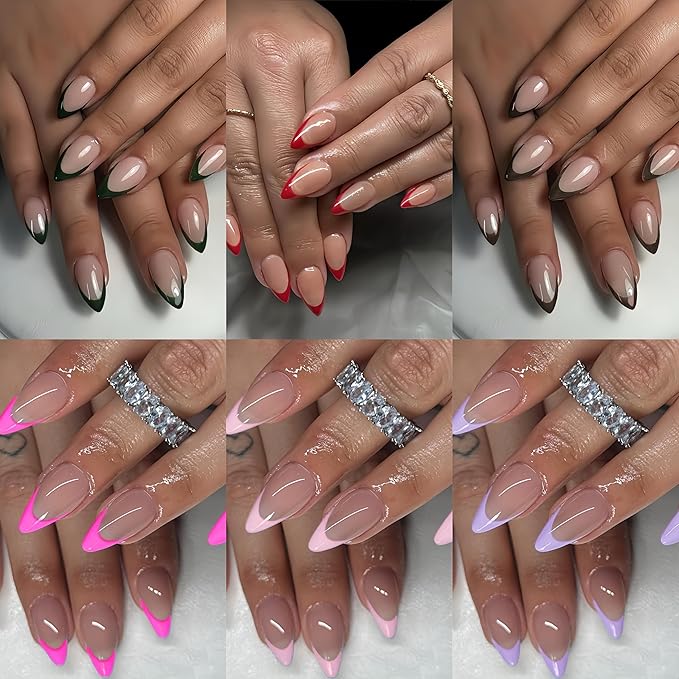 180 Pcs 6 Pack French Tip Press On Nails Short Almond, KQueenest Gel French Tip Nails Press ons, Natural Nude Fake Nails Press Ons Design, Classy Glue On Nail for Women Office Wedding Wear