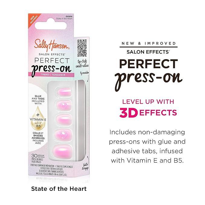 Sally Hansen Salon Effects Perfect Press-On Pink Nails | Oval Shape, 3D Design | Easy to Apply, Non-Damaging, Vitamin E & B5 | 30 Nails, Nail Glue, Adhesive Tabs, File| State of the Heart