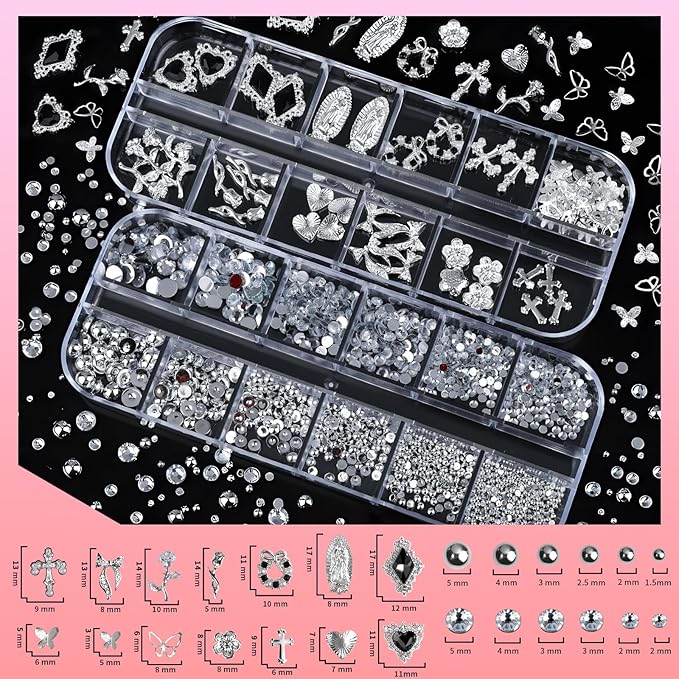 Teenitor Silver Nail Charms and Gems Kit, 4 Boxes Nail Gems Silver Rhinestones for Nails, 3D Y2K Accessories Nail Decor, Cross Charms for Nails Design Star, Caviar Beads for Nails Art