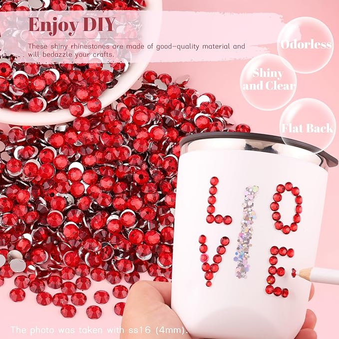 1500PCS 6mm Resin Rhinestones Bulk for Crafting (Red), Flatback Bedazzling Crystals for Crafts DIY Nail Decoration, Gems Charms for Tumbler Shoes Clothing Fabric with Pickup Pen and Tweezers
