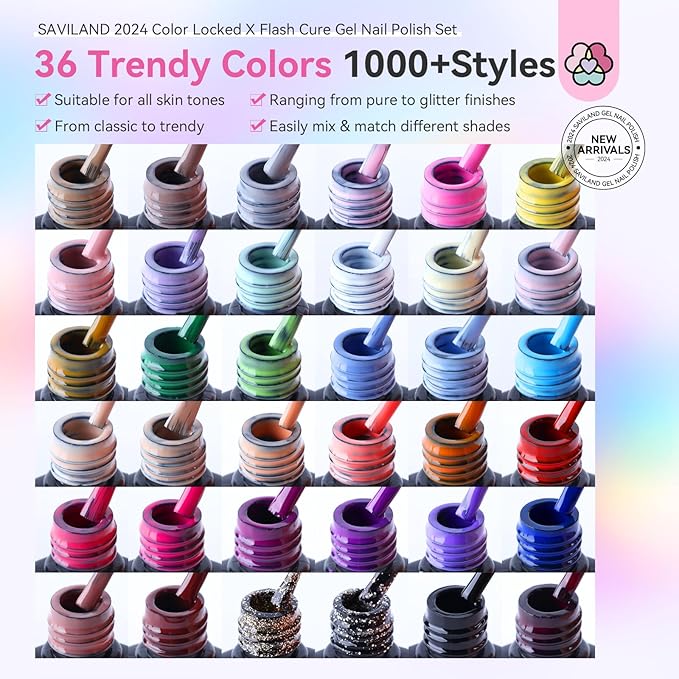 SAVILAND 36 Colors Gel Nail Polish Set: 39 PCS All Season Gel Nail Polish Sheer Glitter Solid Charm Colors with Base Gel Glossy Matte Top Polish Set Christmas Gifts for Manicure Nail Art