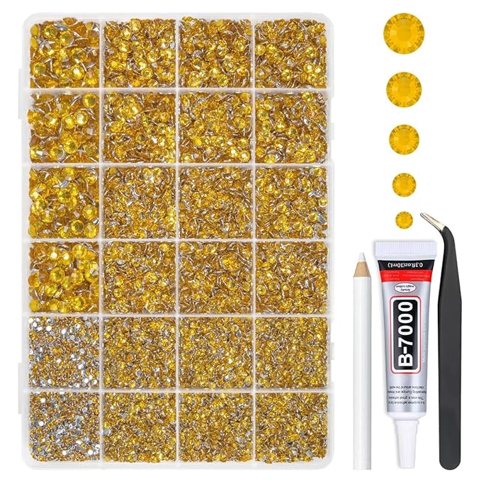 Golden Yellow Crystal Resin Rhinestones w B7000 Glue for Bedazzling Crafting Flatback Stones 2mm-6mm Diamonds Crystals Gems Bedazzler Kit for Nails Face Eyes Makeup Tumblers Bottles DIY Craftts