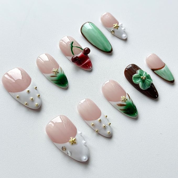 Luxury Press on Nails Medium Almond Handmade 3D Unique Reusable ABS Material Fake Nails French Tip False Nails with Designs Floral Cherry Rhinestones Pearls Glossy Glue on Nail Thick Acrylic Nail(M)
