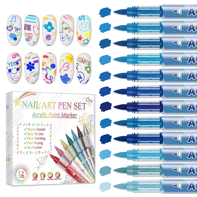 12 Colors Nail Art Pens Set, Nail Art Markers Polish Pens for Painting Nails, Acrylic Paint Drawing Painting Dotting Markers Pen Quick Drying Nail Art Design Manicure Tools 04 Blue