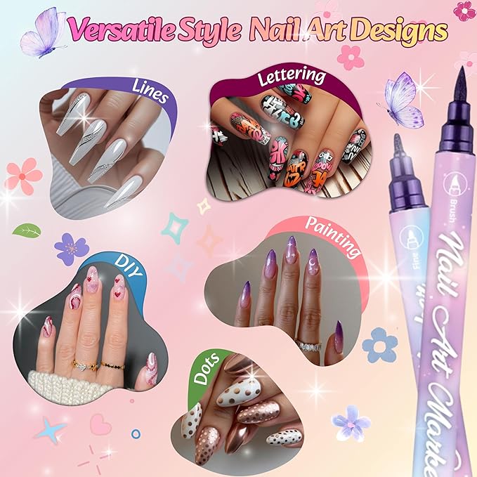 10 Colors 3D Nail Art Pens Set, 0.7mm Dual Tip, Waterproof and Quick-Drying Nail Polish Markers, Nail Graffiti Painting Dotting Drawing Kit for DIY Nail Art Design Manicure Tools