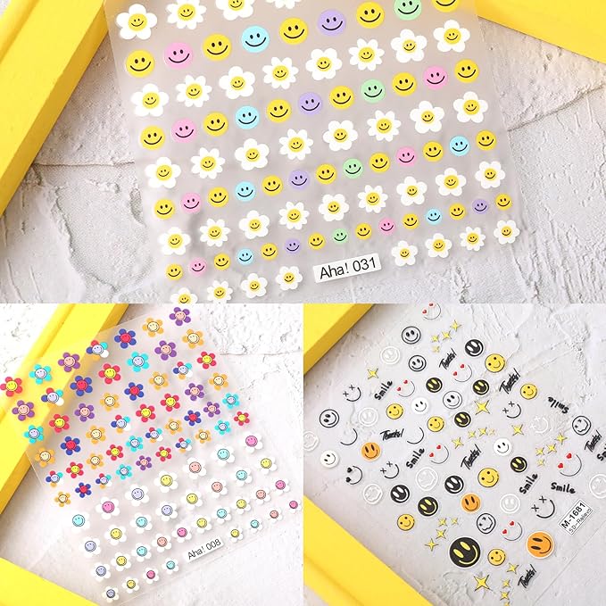 JarThenaAMCS 6 Sheets 5D Embossed Nail Art Stickers Smile Face Floral Decorative Self-Adhesive Nail Decals for DIY Manicure Party Supplies