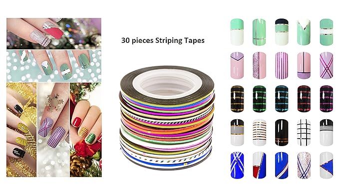 Beaute Galleria Bundle 50 Pieces Nail Art Tool Kit with Pouch - 5 Pieces Dotting Tool Marbleizing Pen (10 Sizes), 15 Pieces Acrylic Gel Detailing Painting Brushes Liners, 30 Pieces Striping Tapes