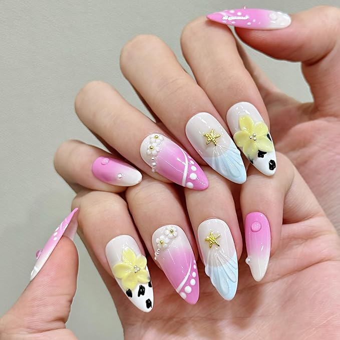 3D handmade Gel nails press on false nails Almond hand-painted gentle elegant pink light blue yellow flower acrylic Reusable fake nails designed kit,10 Nails, Size S #189