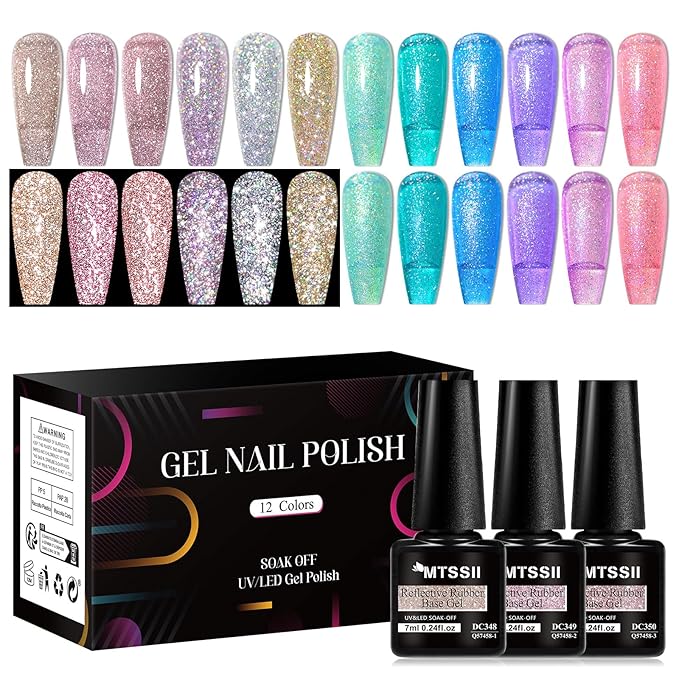 MTSSII Reflective Glitter Gel Nail Polish Set of 12 Colors Pink Red Silver Shimmer Sparkle Gel Polish Collection Kit LED Soak Off Nail Polish Manicure Art Gel Kit Home DIY Nail Salon