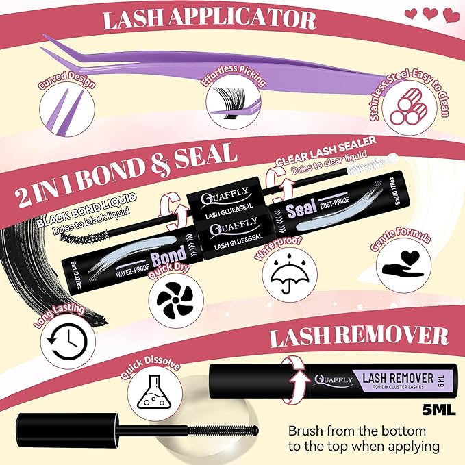 Lash Extension Kit, 516Pcs Individual Cluster Eyelash Extensions with Lash Bond&Seal Remover Tweezer Brush Lash Curler Lash Assistant Stylish Portable Makeup Bag DIY Lash Extensions at Home