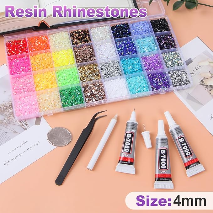 18000Pcs 32 Colors Resin Jelly Rhinestones for Bedazzling, 4mm Multicolor Flatback Gems for Crafting, Bedazzler Kit with 3Pcs 10ml B7000 Glue for Clothes Book Shoes Nails Art Makeup