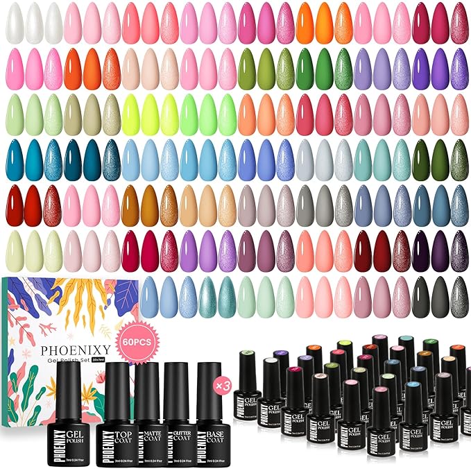 phoenixy 60 Pcs Gel Nail Polish Kit, 54 Colors Gel Polish Rainbow Pink Red Orange Yellow Green Blue 6 Pcs Base Top Coat DIY Home Manicure Art Nail Sets Gifts for Women