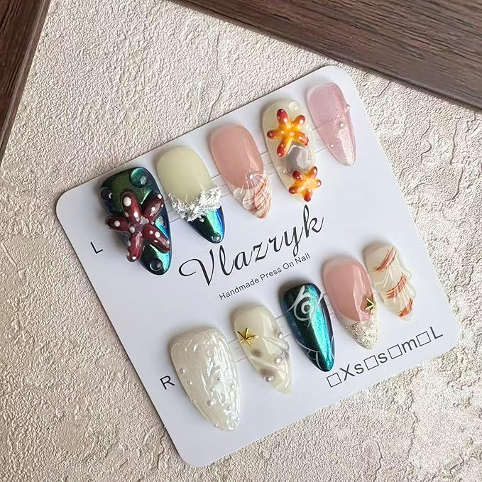 Handmade Press On Nails – 3D Almond Press On Nails Mermaid Chrome Nails with Pearl Shell, Starfish & Sea Life Designs | Reusable Fake Nails Kit (Seabed World, 10Pcs)
