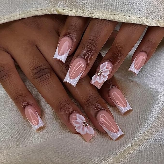 White French Tip Handmade Press on Nails Medium Square Fake Nails Muti-Layer Gel False Nails with 3D Flower Rhinestones Designs Thick Acrylic Nails Full Cover Stick on Nail for Women Nail DIY (Size S)