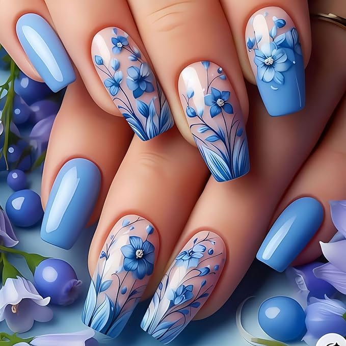 Blue Press on Nails Medium Square Fake Nails Floral False Nail for Women Glossy Acrylic Nails Spring Glue on Nail Blue Flower Stick on Nails Fake Nails Manicure Kit 24Pcs
