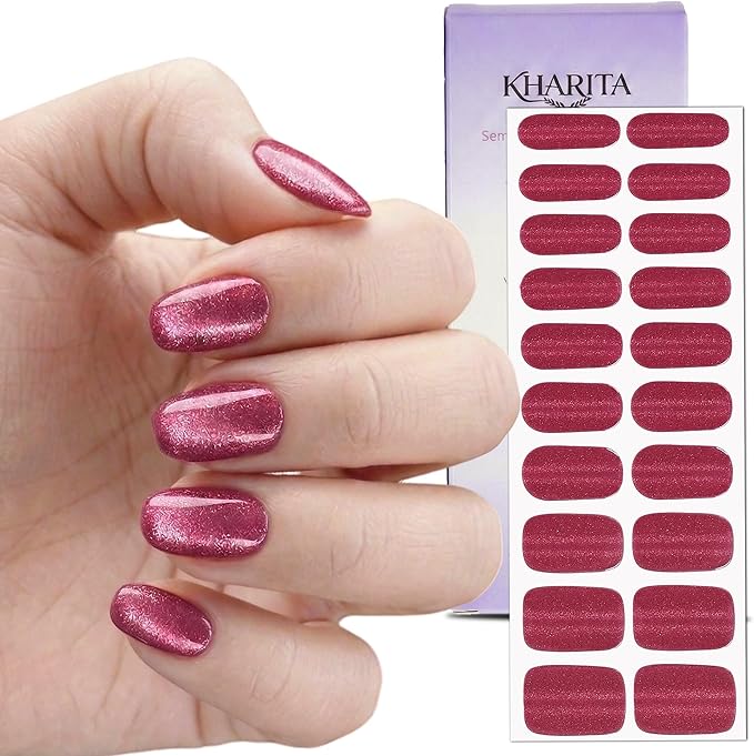 Semi Cured Gel Nail Strips – Real Gel Nail Polish Wraps for Brittle Nails | Long Lasting Easy Peel-Off Removal | Hema-Free | 20-Piece Glitter Cat Eye Hot Pink Salon Kit with File & Stick