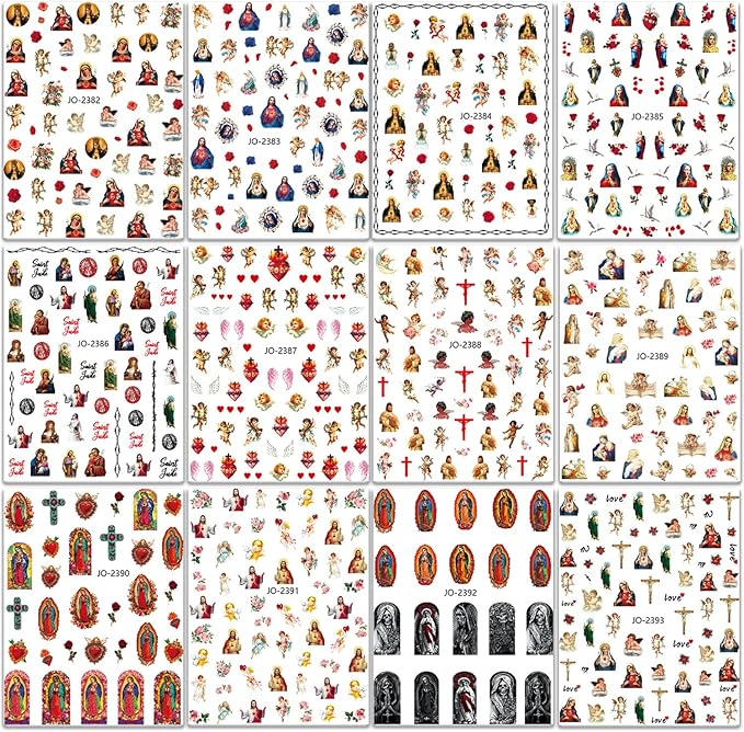 God Jesus Nail Art Stickers Decals, Christ Virgin Maria Love Cupid Angel Satan Nail Self-Adhesive Sticker Designs, Holographic 3D Angel Nail Transfer Decal for Women Girls Manicure Tips Decorations