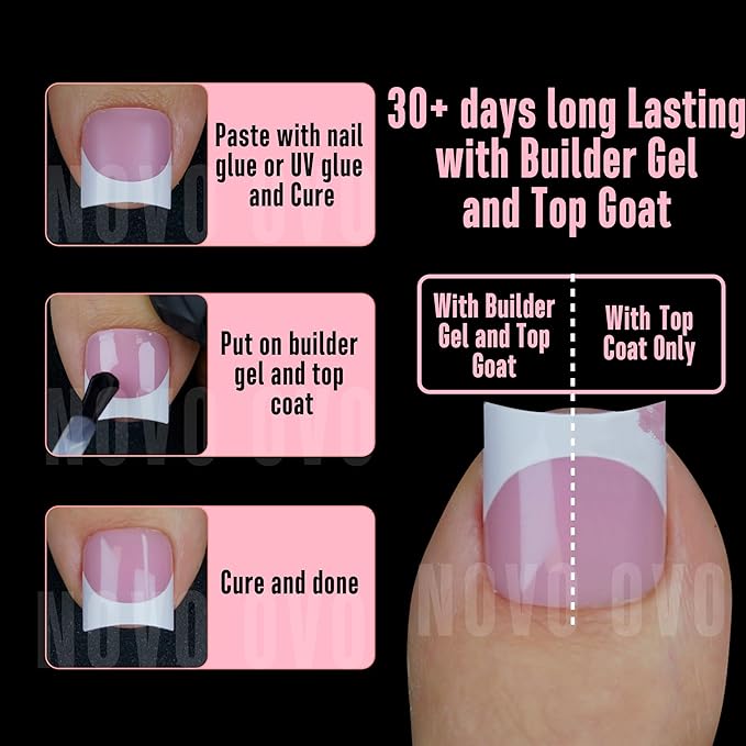NOVO OVO Halloween Short Toe Nail Tips White French Tip with Moon Curve, BERRY PINK Thick Sharp Square Toenail Extension, Soft Gel False Nail Kit, Need Glue Builder Gel Top Coat x15 Sizes 240 pcs
